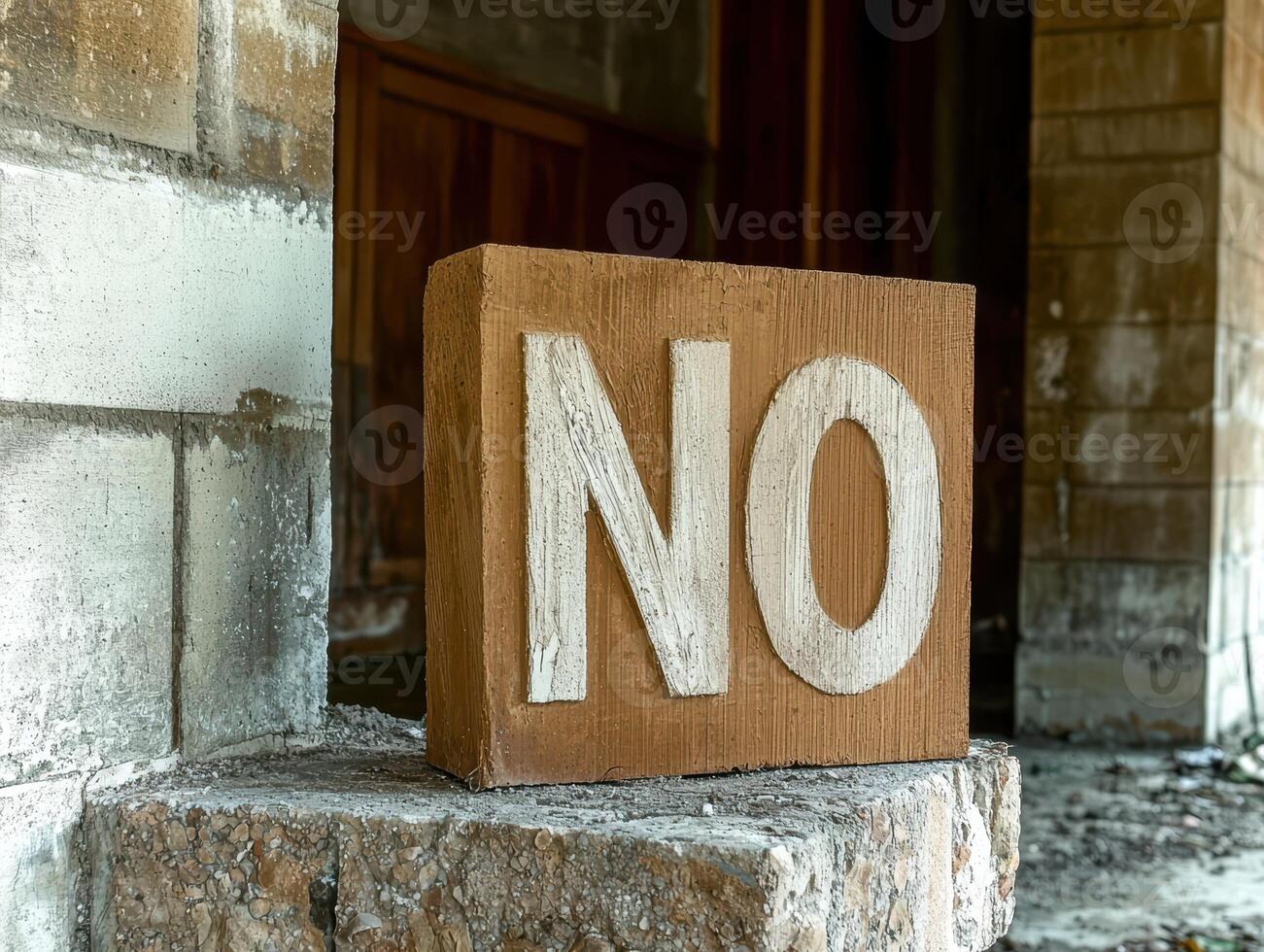 A large block with the word NO written on it in an abandoned building. photo