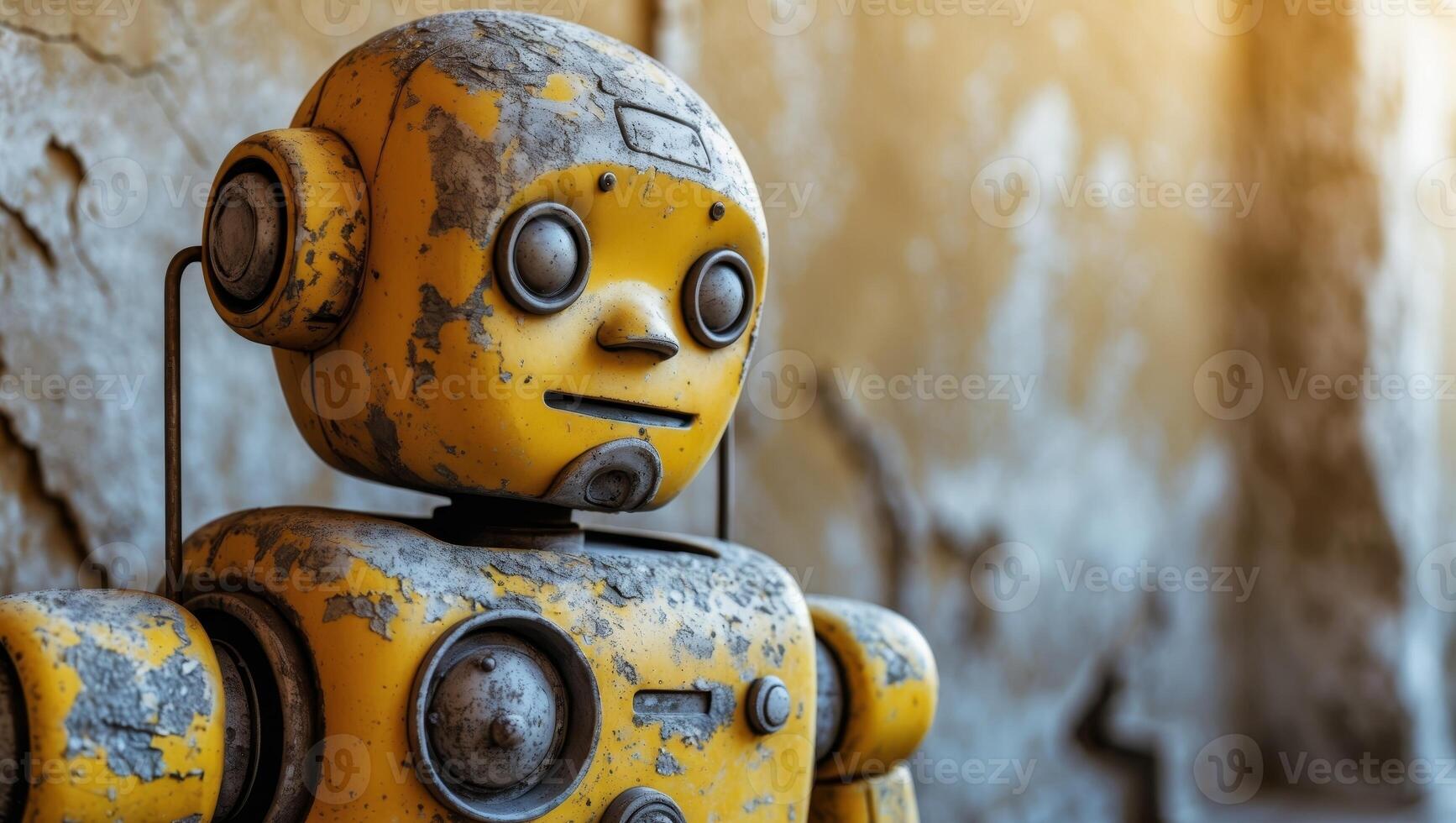 A yellow robot is standing in front of a wall photo