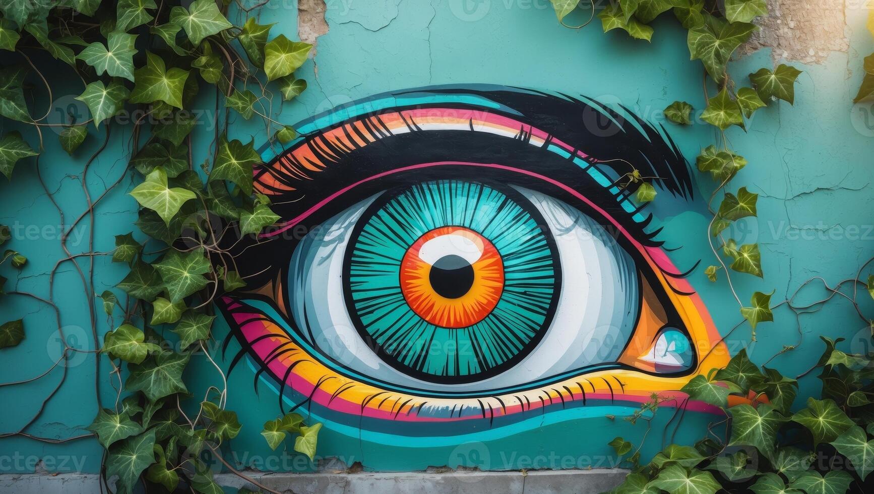 A colorful eye painted on a wall with vines photo