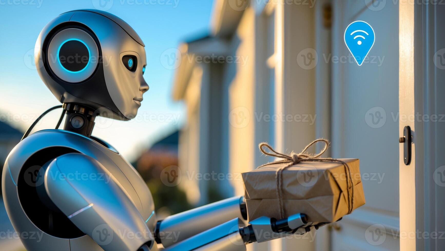 Robot delivers package at a residential door with a location marker in broad daylight photo