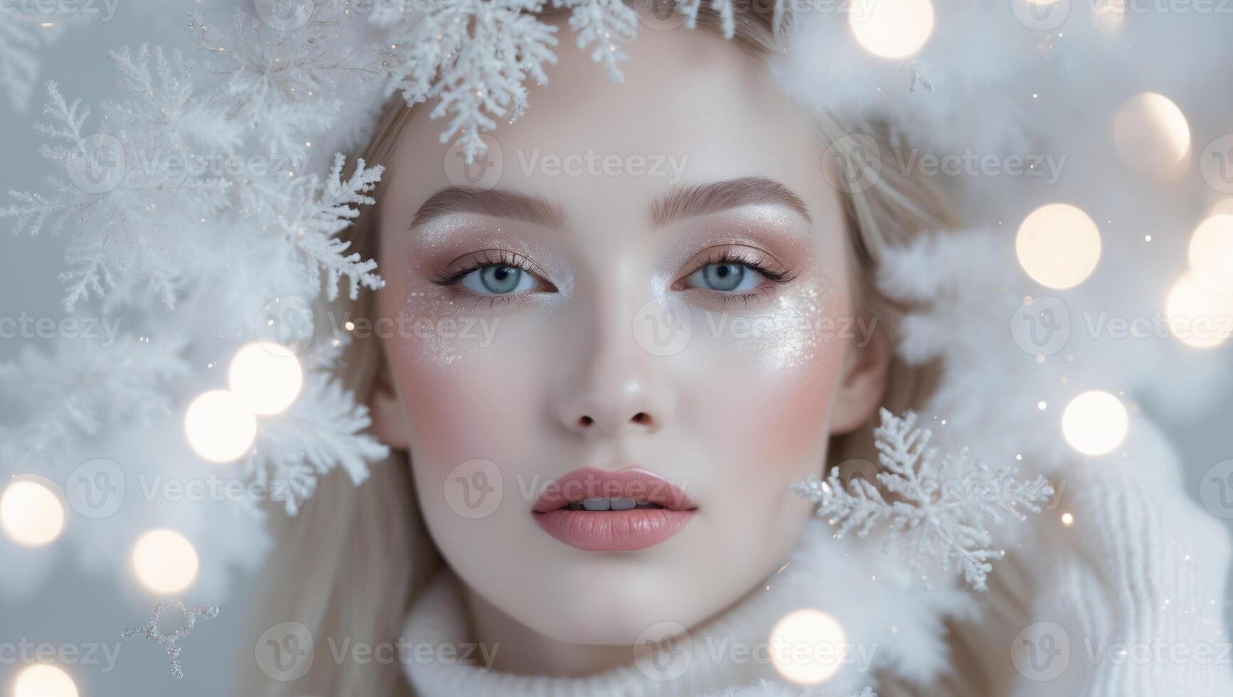 Beautiful blonde woman with snowflakes around her face photo