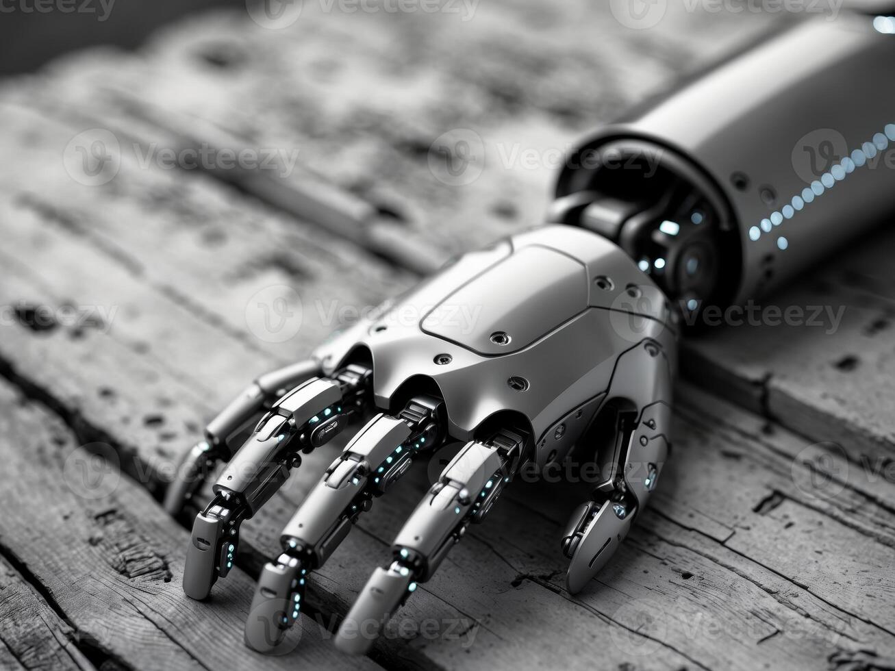 Metallic robotic hand on rustic wooden surface photo