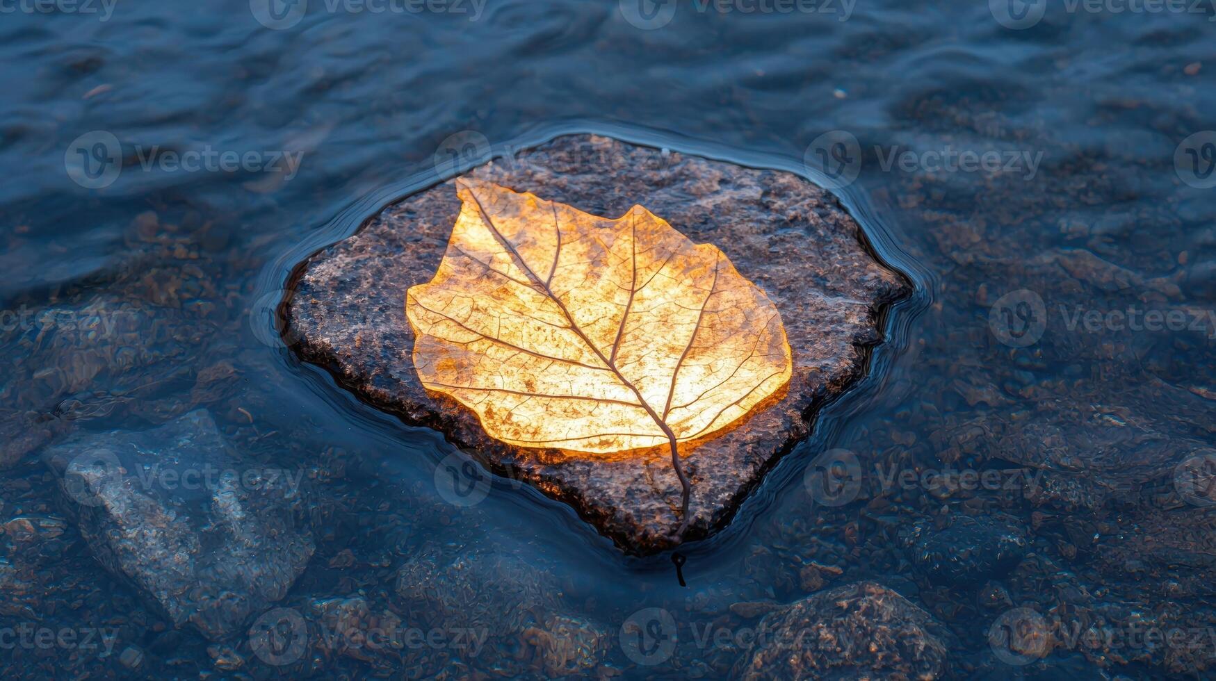 Illuminated leaf resting on a rock in water photo
