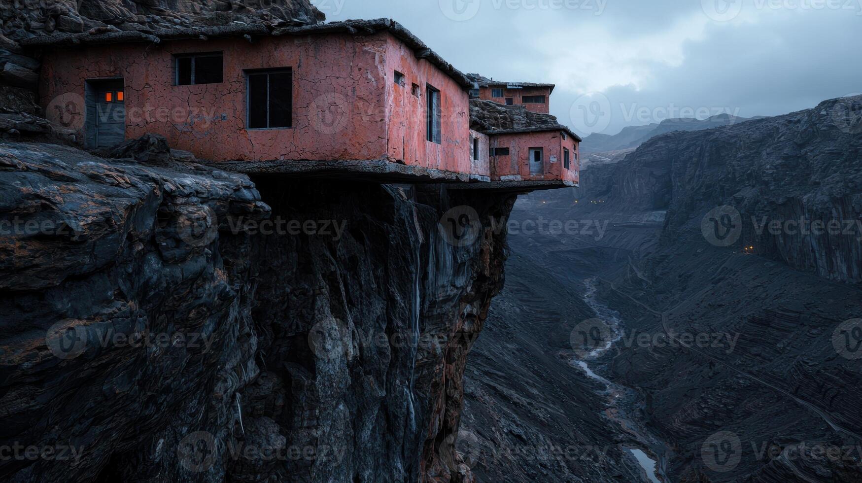 House perched on the edge of a cliff in a remote landscape photo