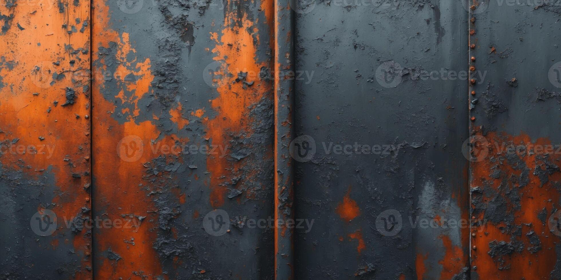Weathered metallic background showcasing a blend of dark textures and warm orange hues capturing vintage aesthetics and industrial style. photo