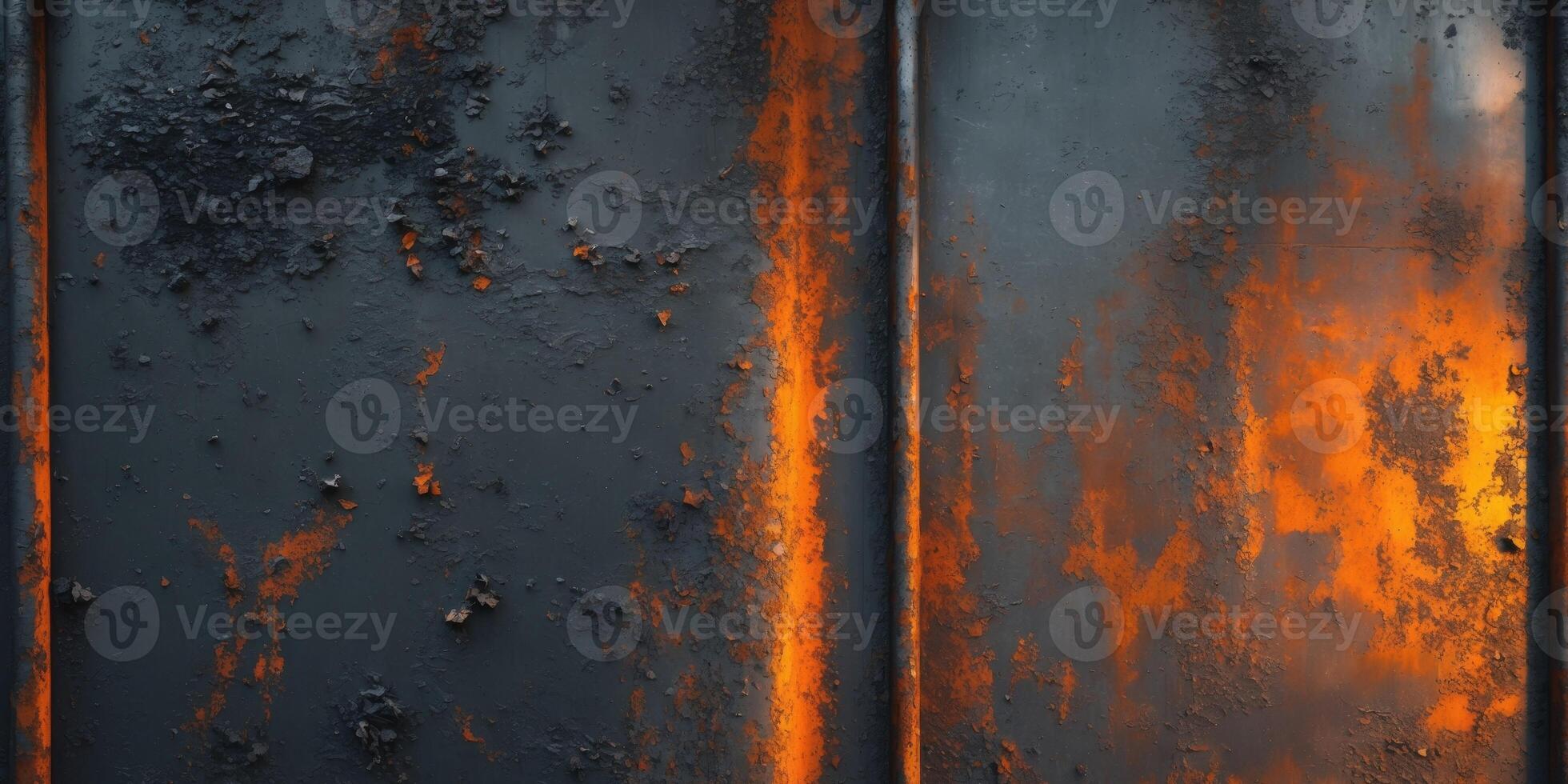 Weathered metallic background showcasing a blend of dark textures and warm orange hues capturing vintage aesthetics and industrial style photo