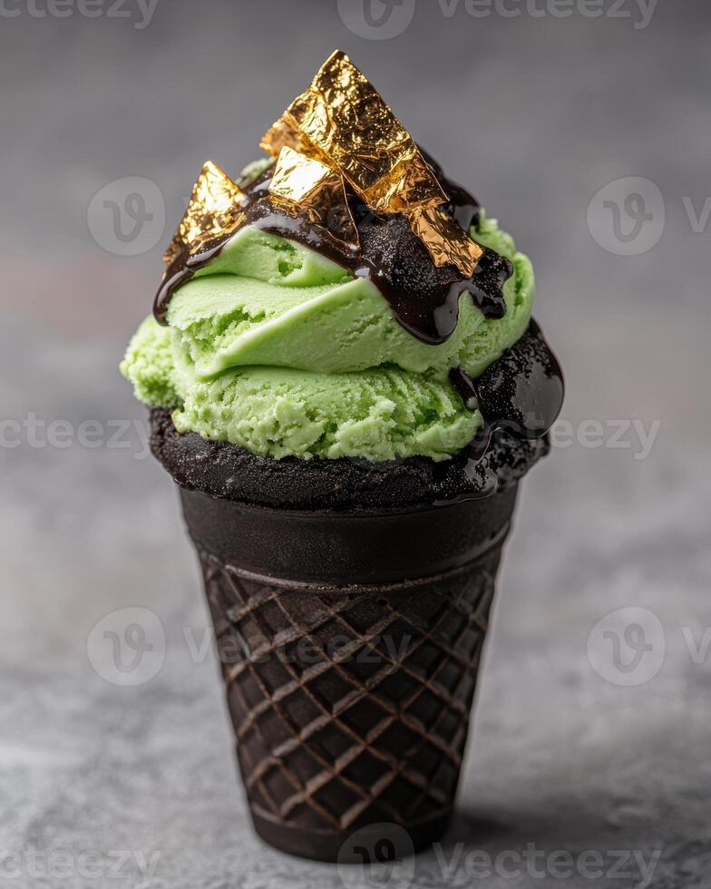 A green ice cream cone with chocolate sauce and gold leaf photo