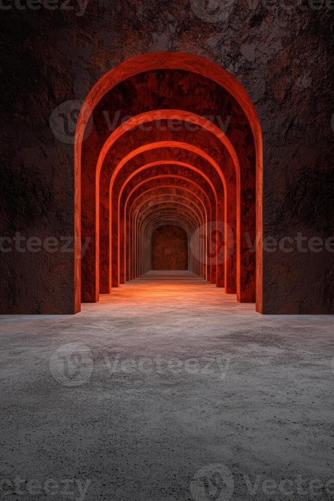 Abstract tunnel with arches and light at the end photo