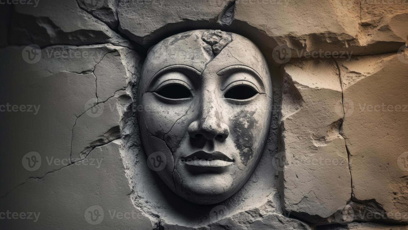 Mysterious stone mask on ancient rock wall photo