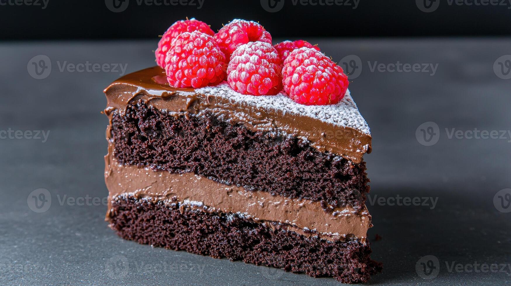 A slice of rich chocolate cake topped with fresh raspberries and powdered sugar photo