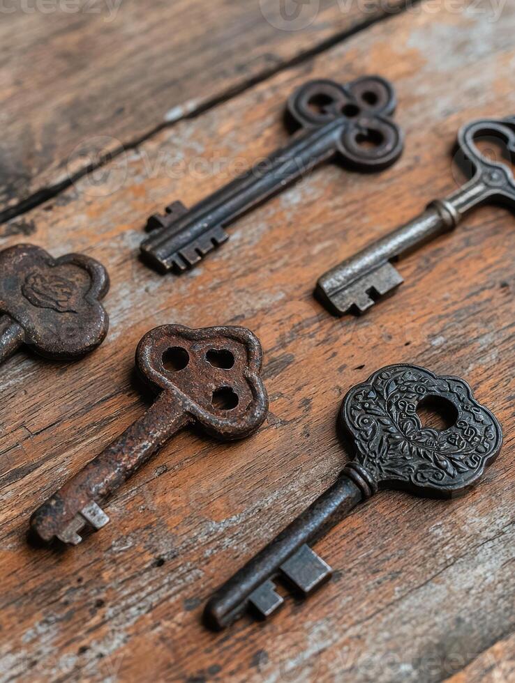 Antique keys on a wooden surface photo