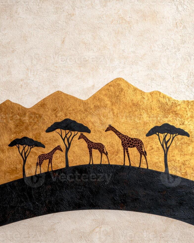 African wildlife art featuring giraffes and trees against a golden mountain backdrop photo