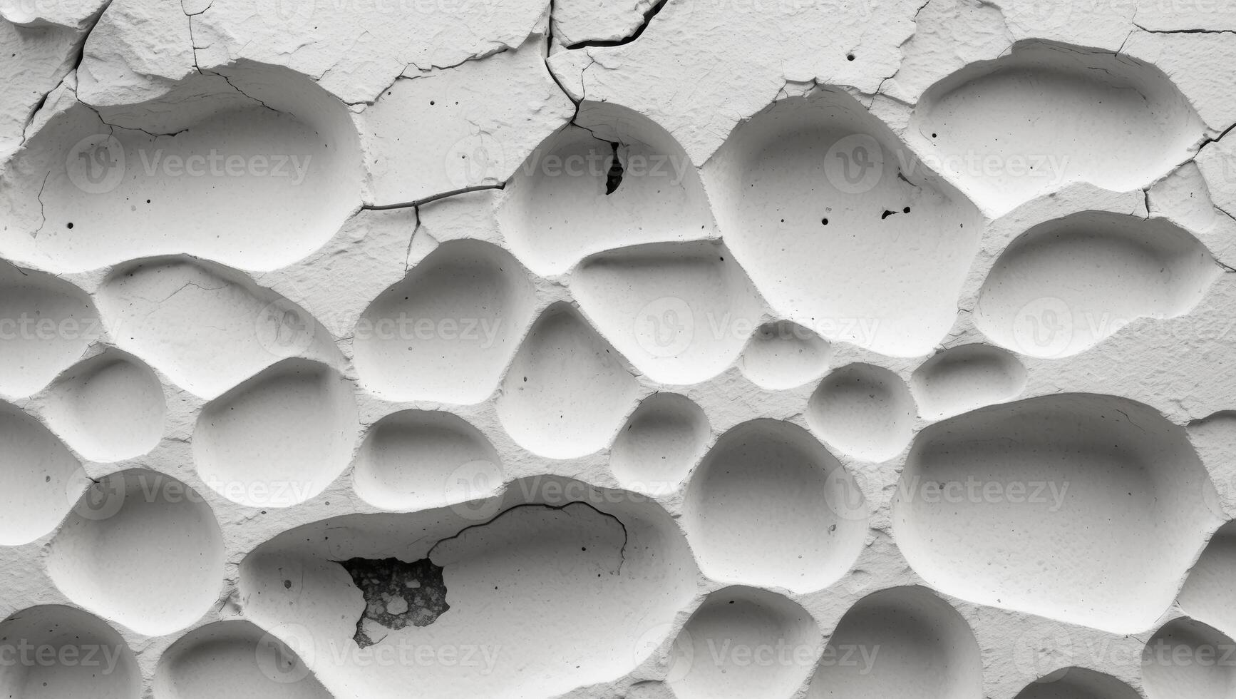 Abstract texture of cracked white surface with irregular holes and depressions suitable for backgrounds and design projects Copy Space photo
