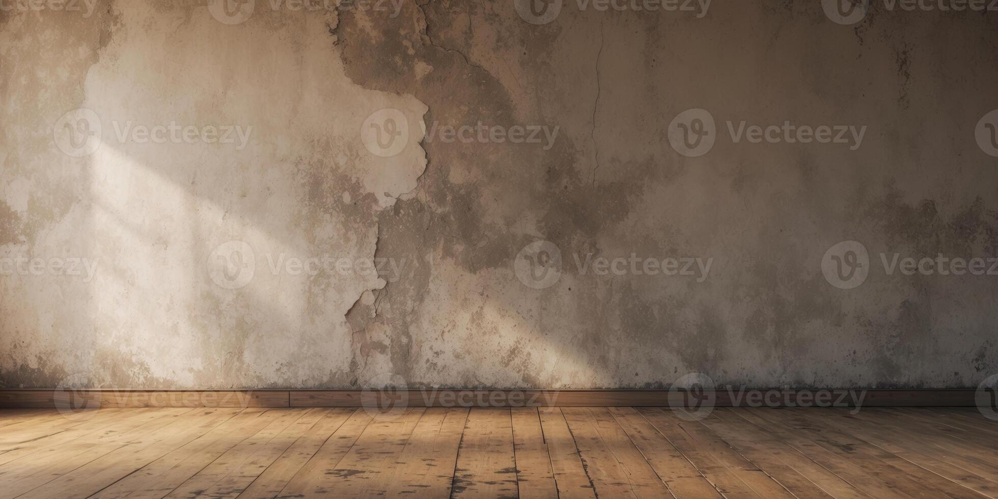 Empty Room with Grunge Wall and Wooden Floor Background Creates a Rustic Atmosphere. photo