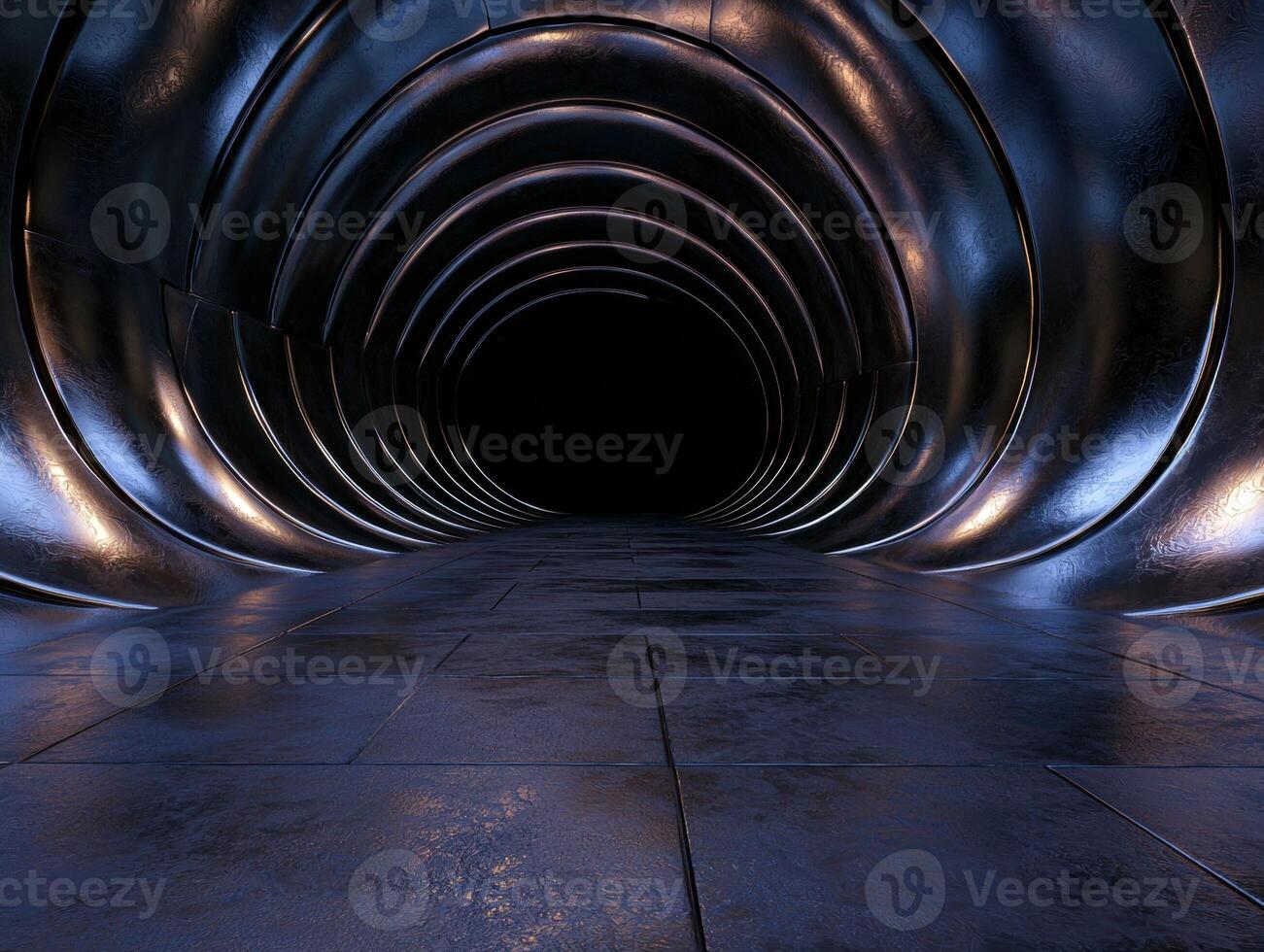 Abstract metallic tunnel with dark end, futuristic architecture photo