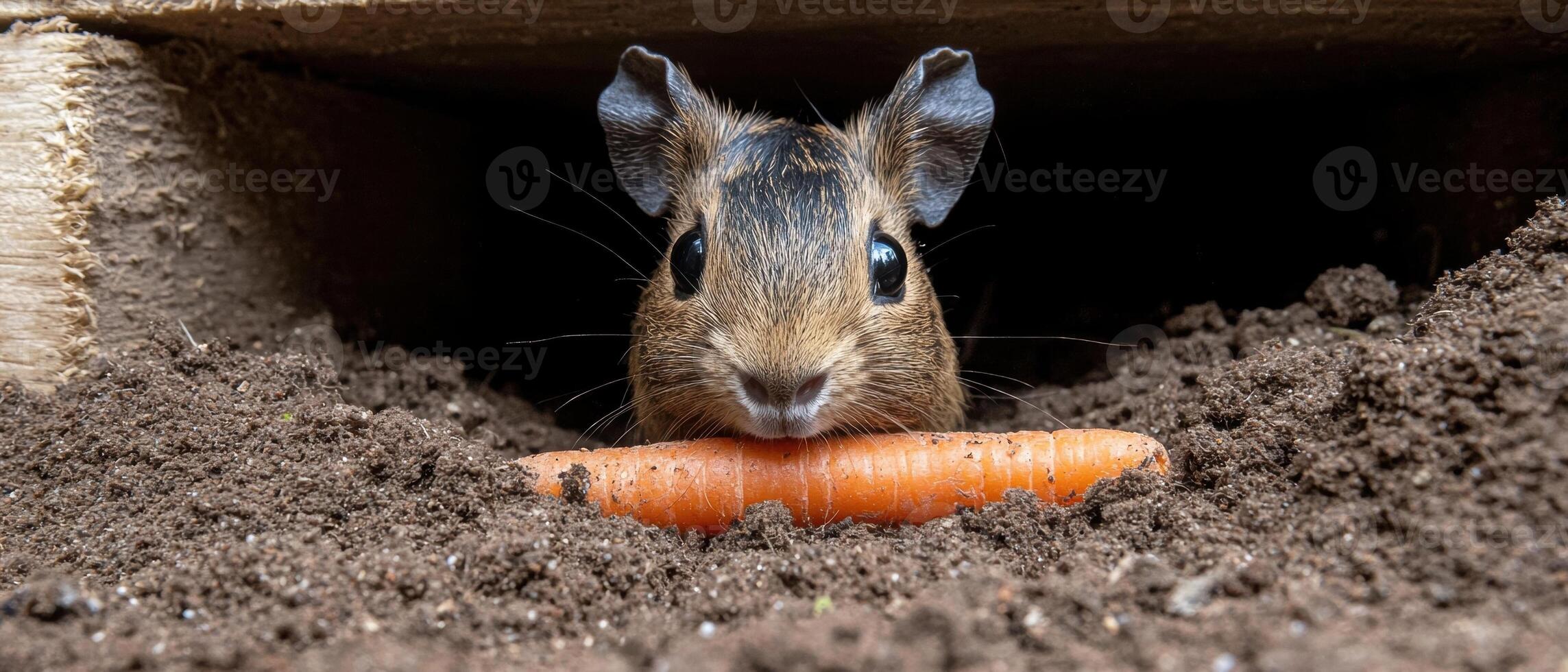 A cute guinea pig with a carrot in a burrow photo