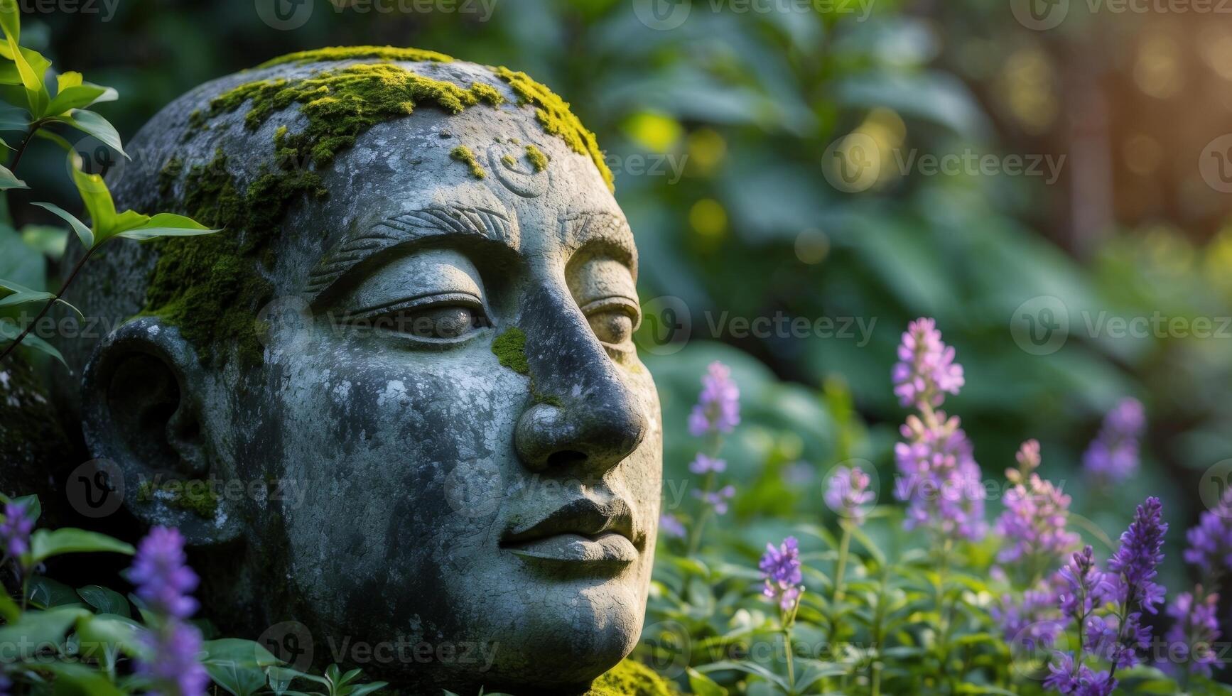 Ancient stone face sculpture in a garden setting photo
