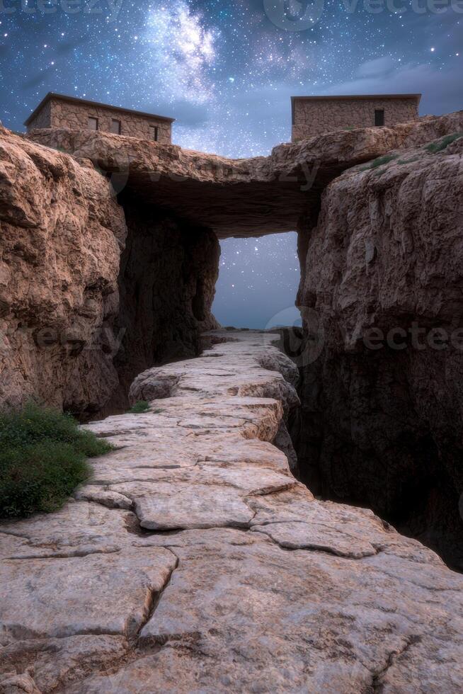 Stone path leading to the starry sky through a rock canyon photo
