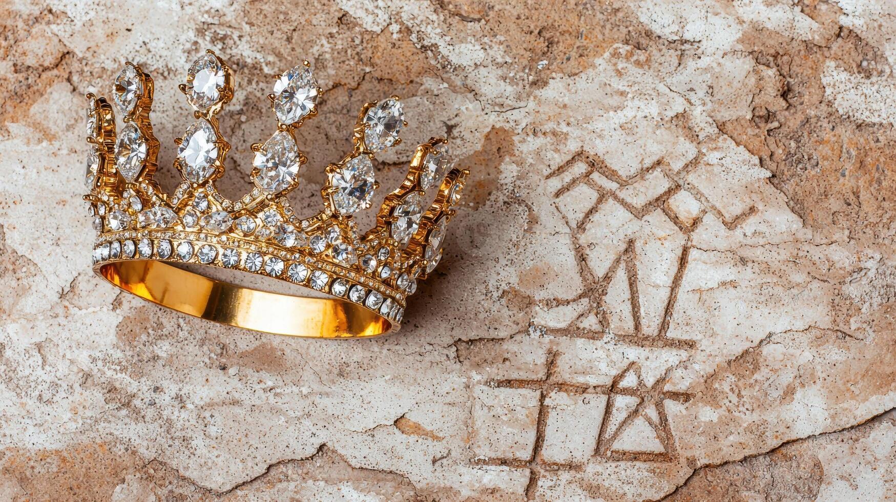 A golden crown rests on aged stone, symbolizing royalty and history photo