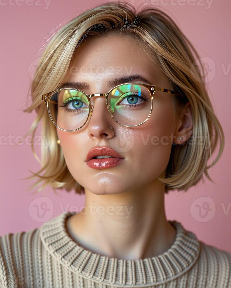 Stylish Young Woman with Glasses and Natural Makeup against Pink Background photo