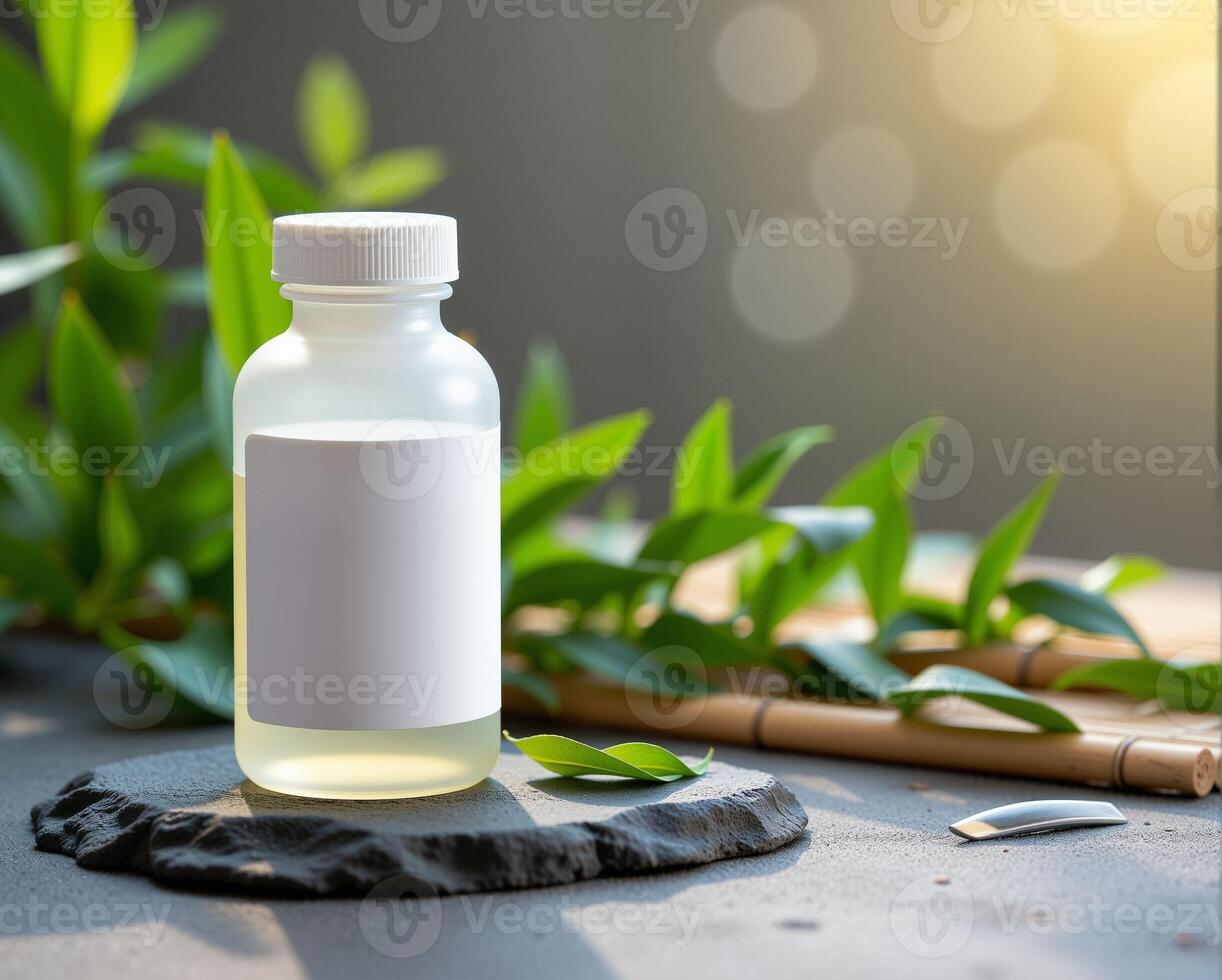 Clear glass bottle with herbal essence on stone surface and foliage photo