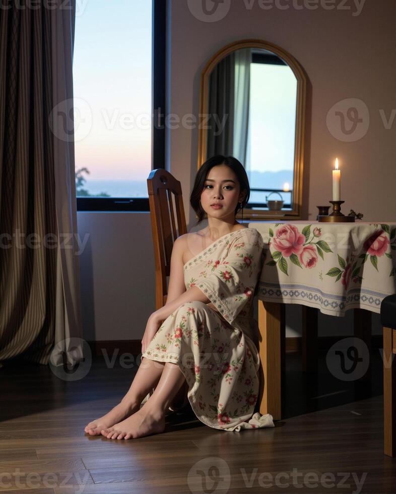 Serene Woman in Floral Dress Sitting by Window at Twilight photo