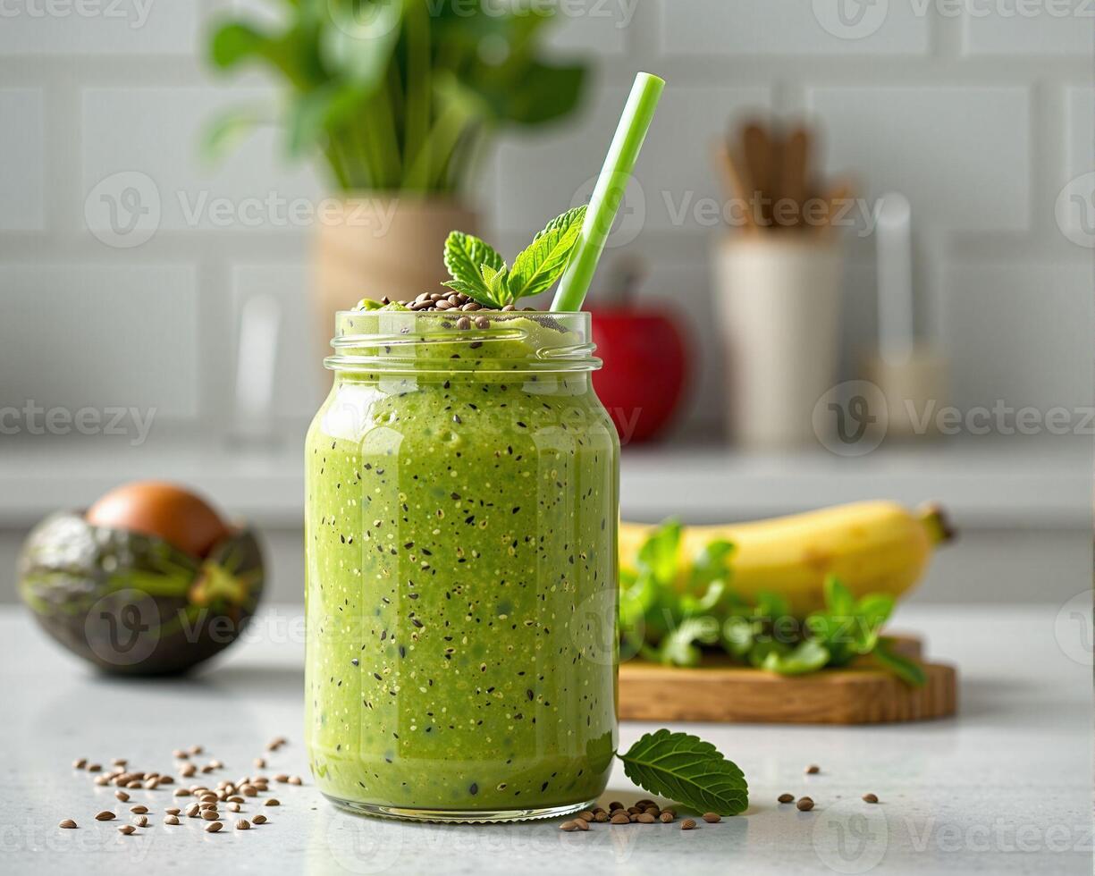 Fresh Green Smoothie in a Jar with Mint and Ingredients in Background photo