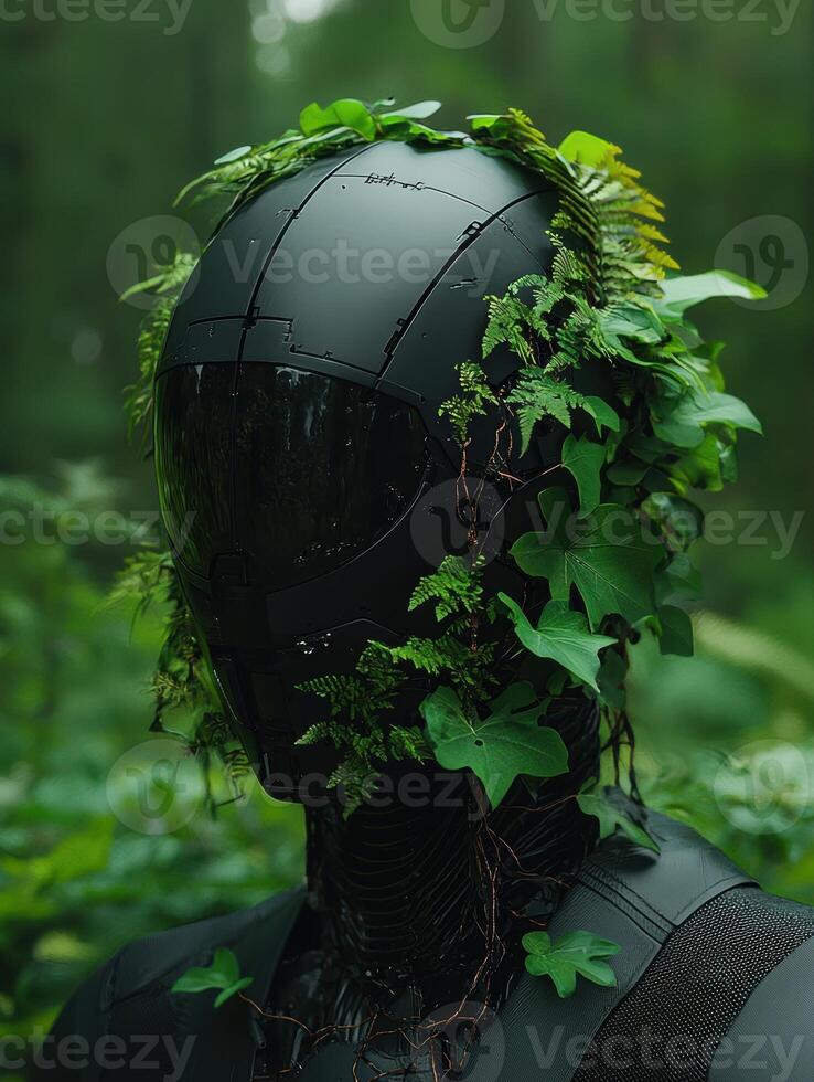 Futuristic black helmet covered in ivy and ferns in a forest photo
