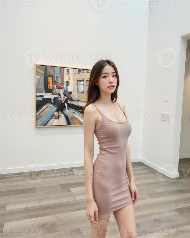 Young Woman in Slim Dress Posing in Art Gallery Interior Space photo