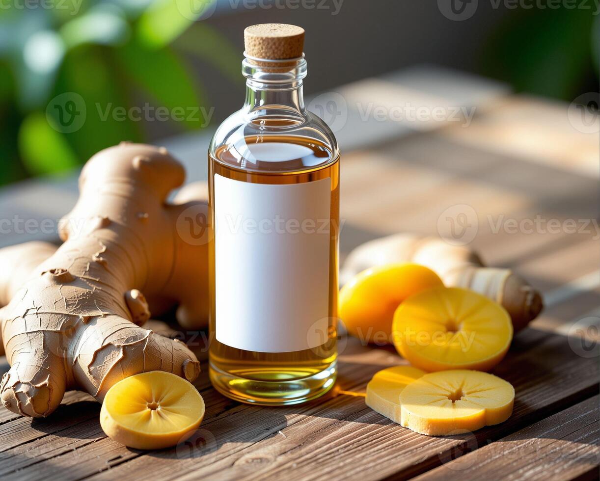 Ginger Root and Oil with Fresh Ginger Slices on Wooden Table photo