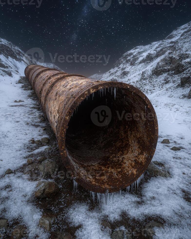 A large rusty pipe lies in a snowy mountain landscape under a starry sky photo