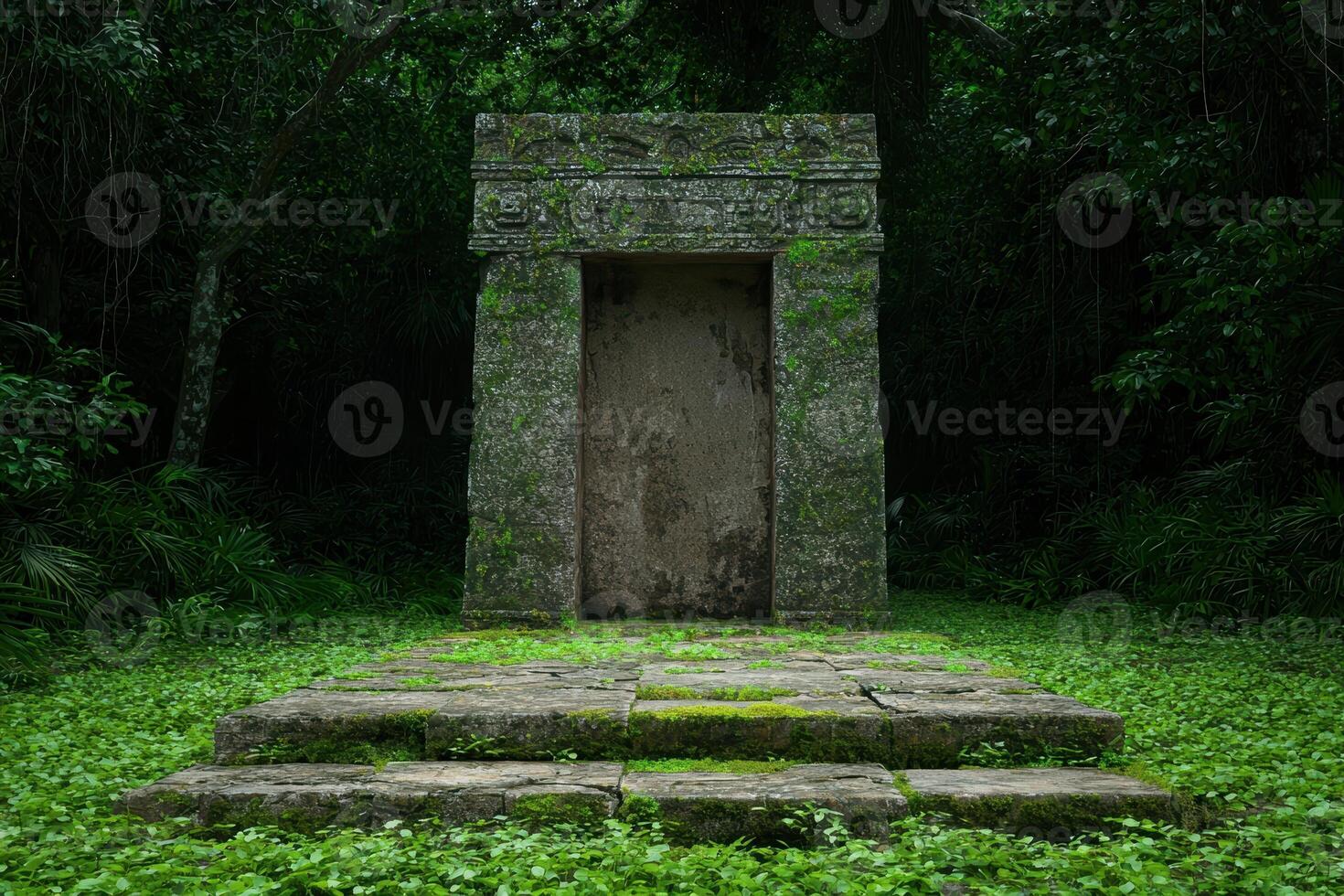 Ancient stone doorway in a lush green jungle photo