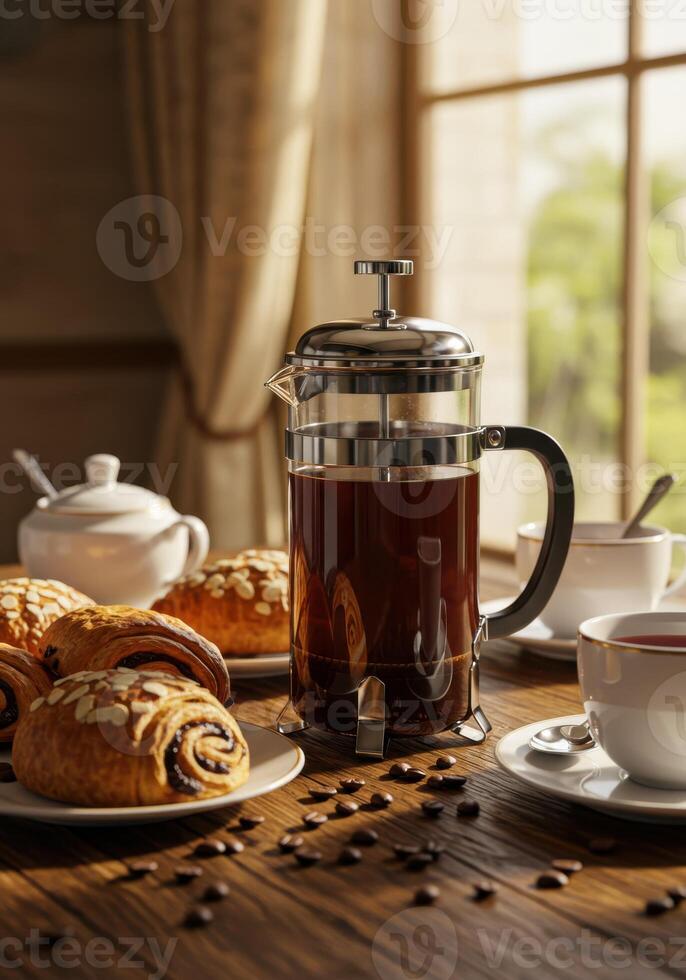 Fresh Brewed Coffee with Pastries on Wooden Table Setting photo