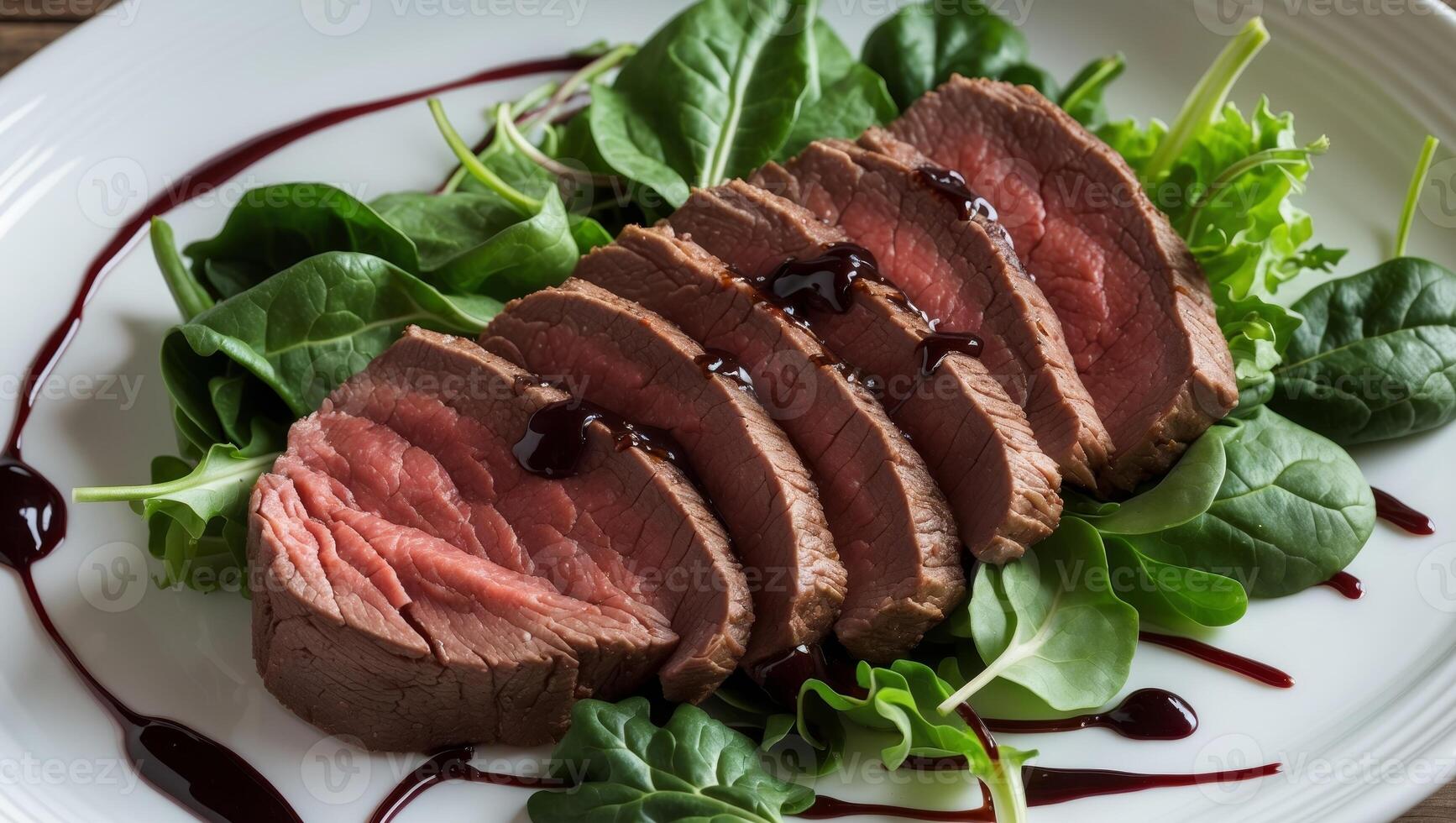 Exquisite Medium Rare Beef Slices with Greens and Balsamic Reduction on a White Plate. photo
