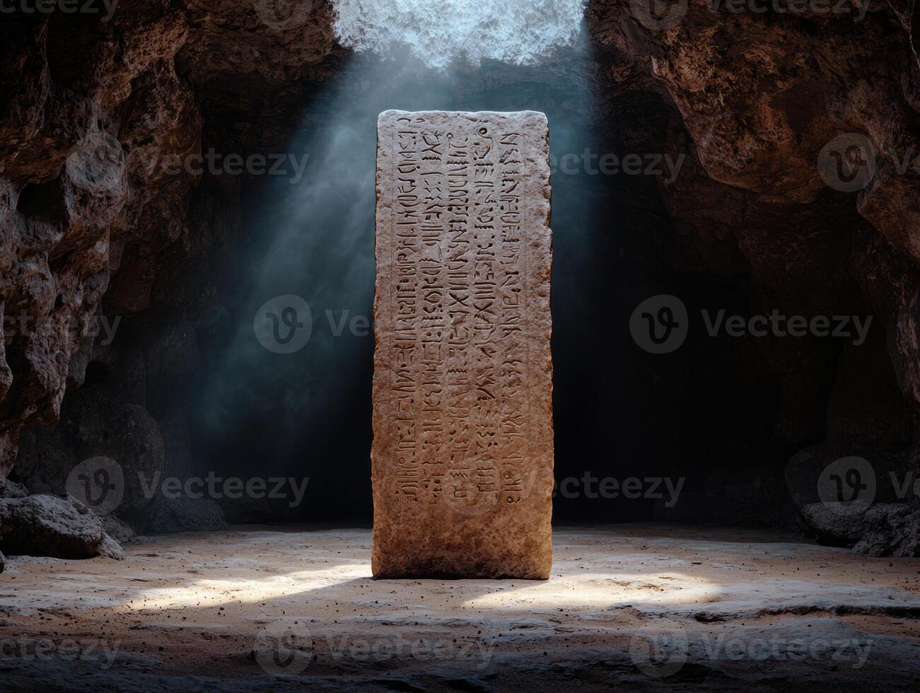 Ancient stone tablet with inscriptions in a cave photo
