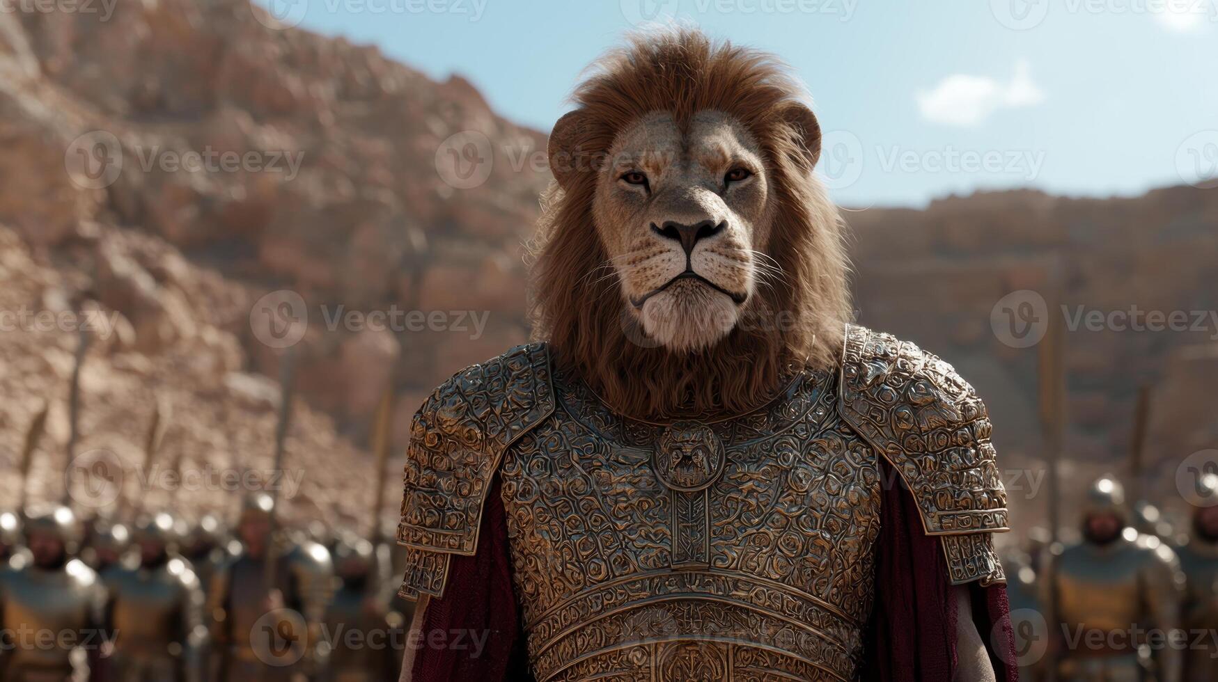 Lion in ornate armor standing before an army photo