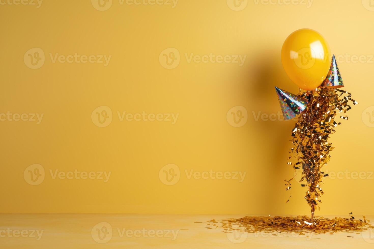 Festive yellow balloon with party hats and confetti for a celebration photo