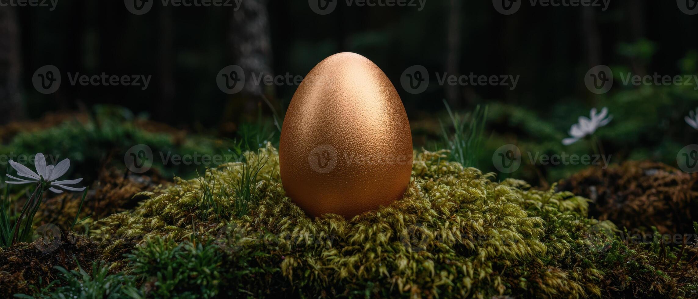 A golden egg sits in a mossy forest clearing photo