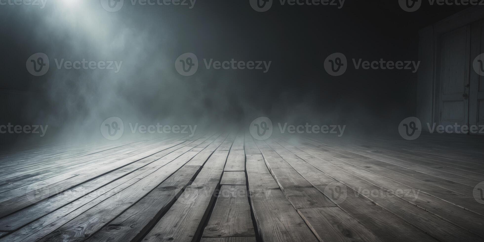 Dramatic lighting and mist create an atmospheric scene on aged wooden floor in an empty stage setting photo