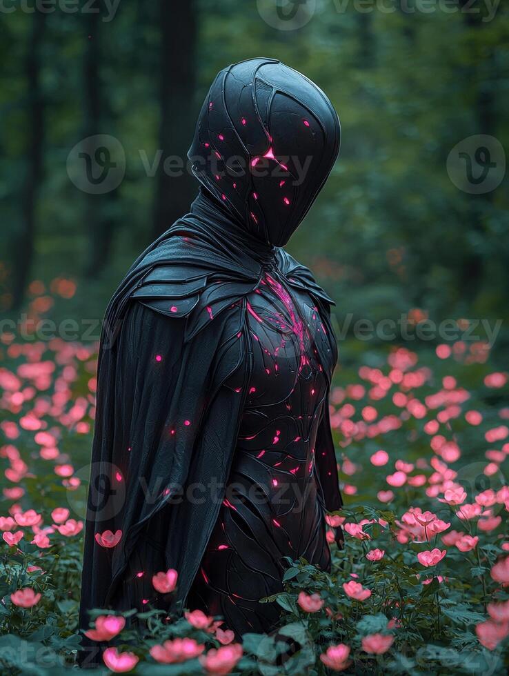 A futuristic figure stands in a field of pink flowers in a forest photo