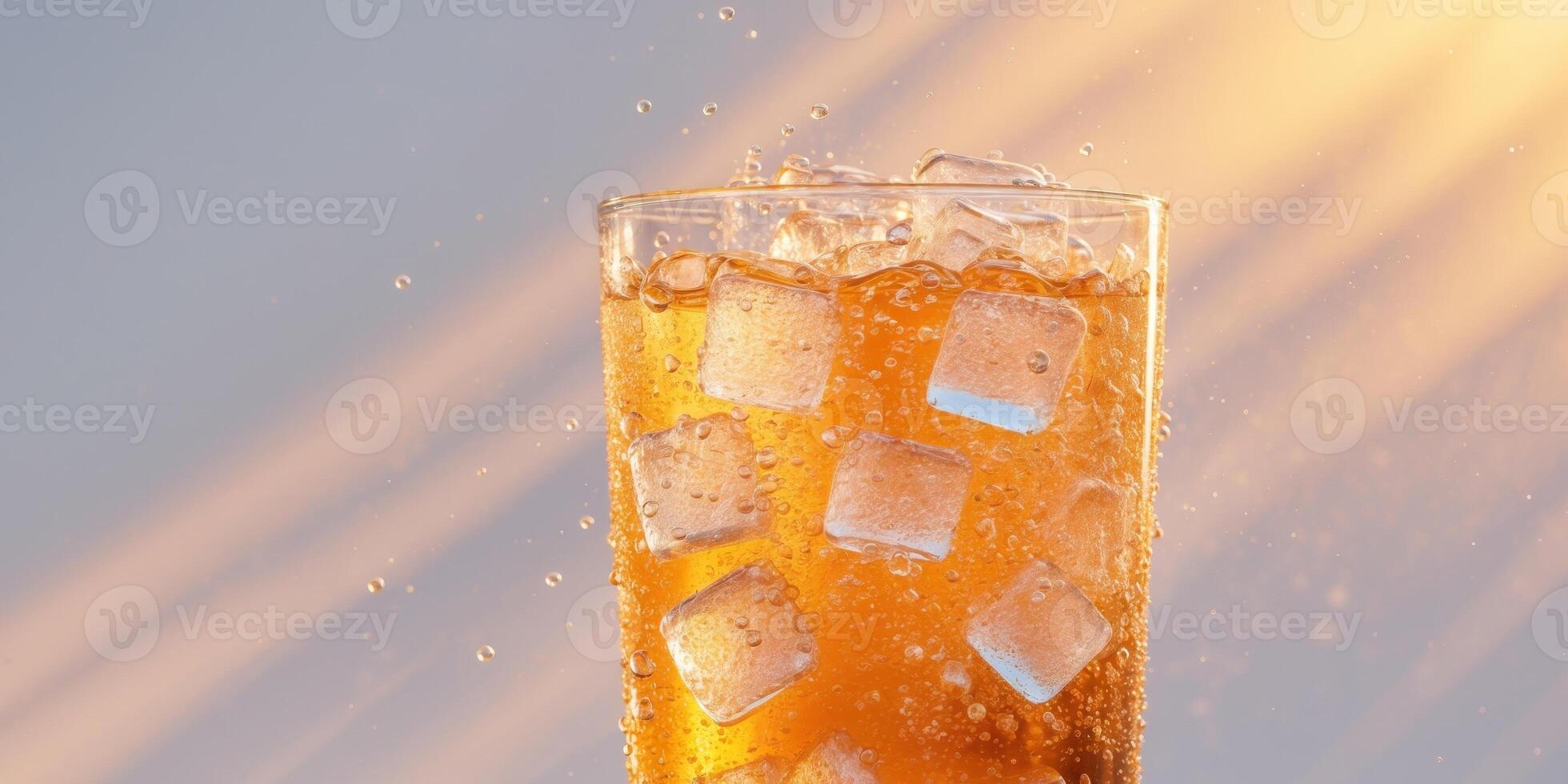 A glass of orange soda with ice cubes photo