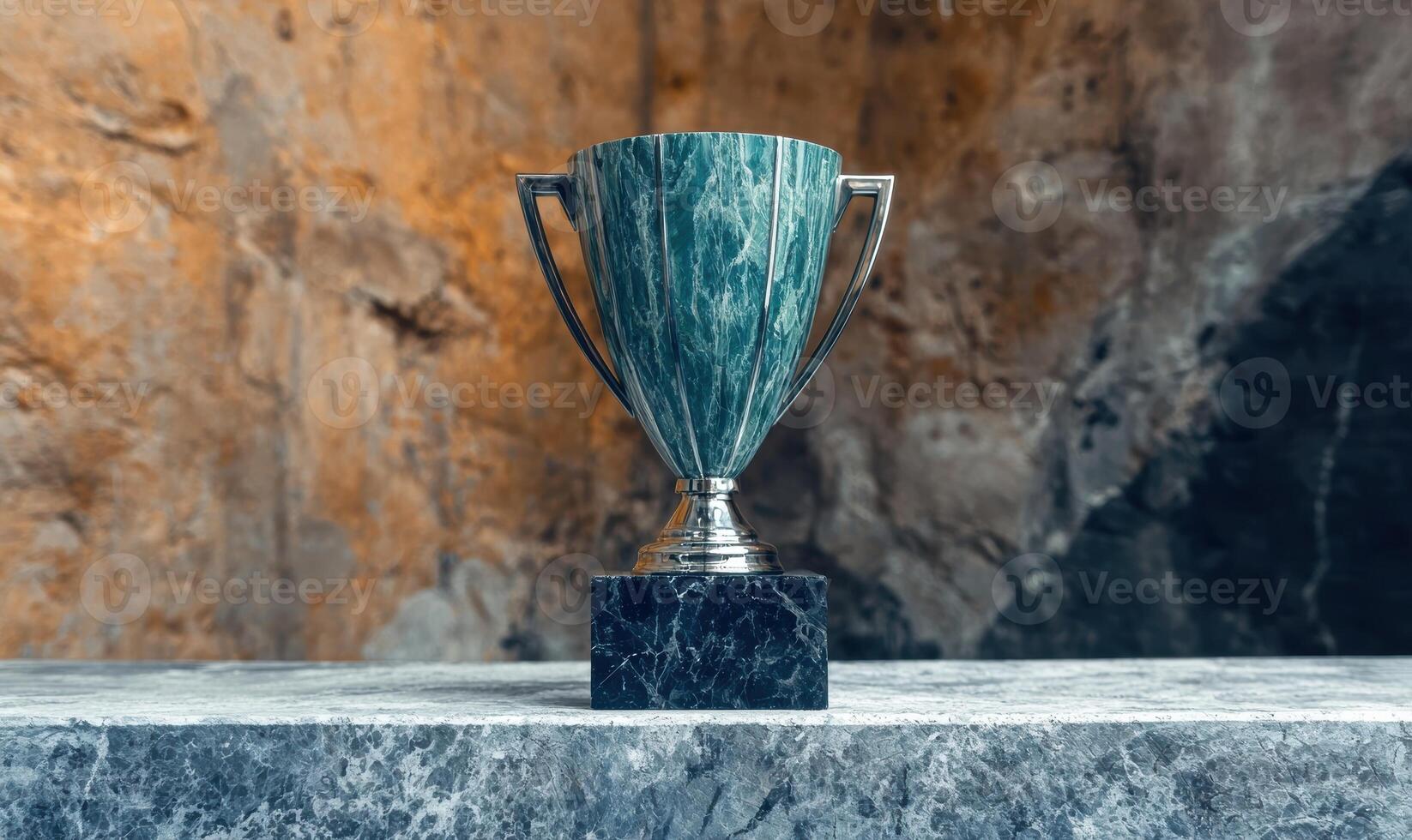 A green trophy on a marble surface against a textured background photo