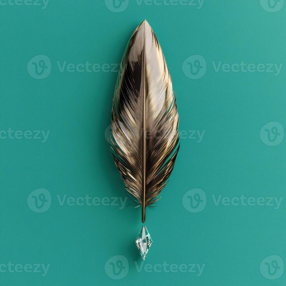 Golden feather with a crystal drop on a teal background photo