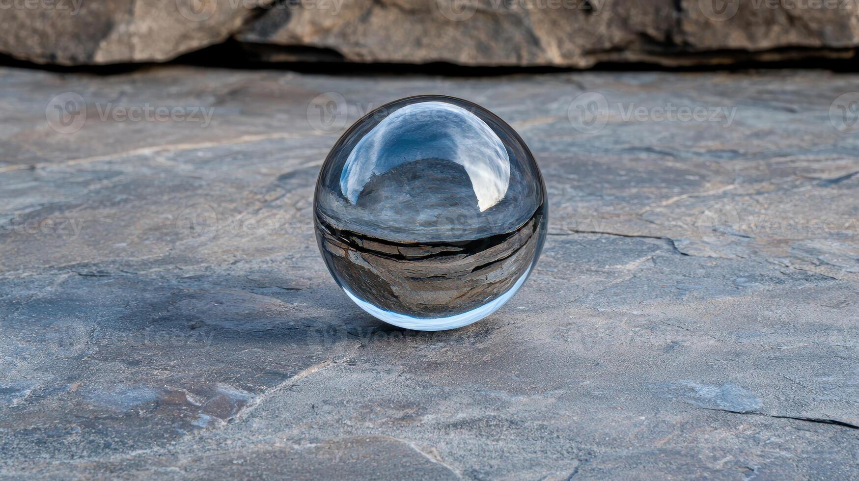 Crystal ball on a stone surface reflecting the surrounding landscape photo