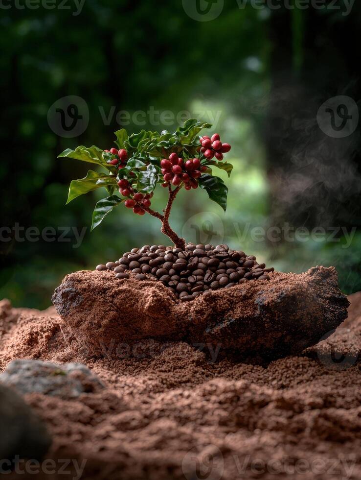 Coffee beans and plant on a mound of soil photo