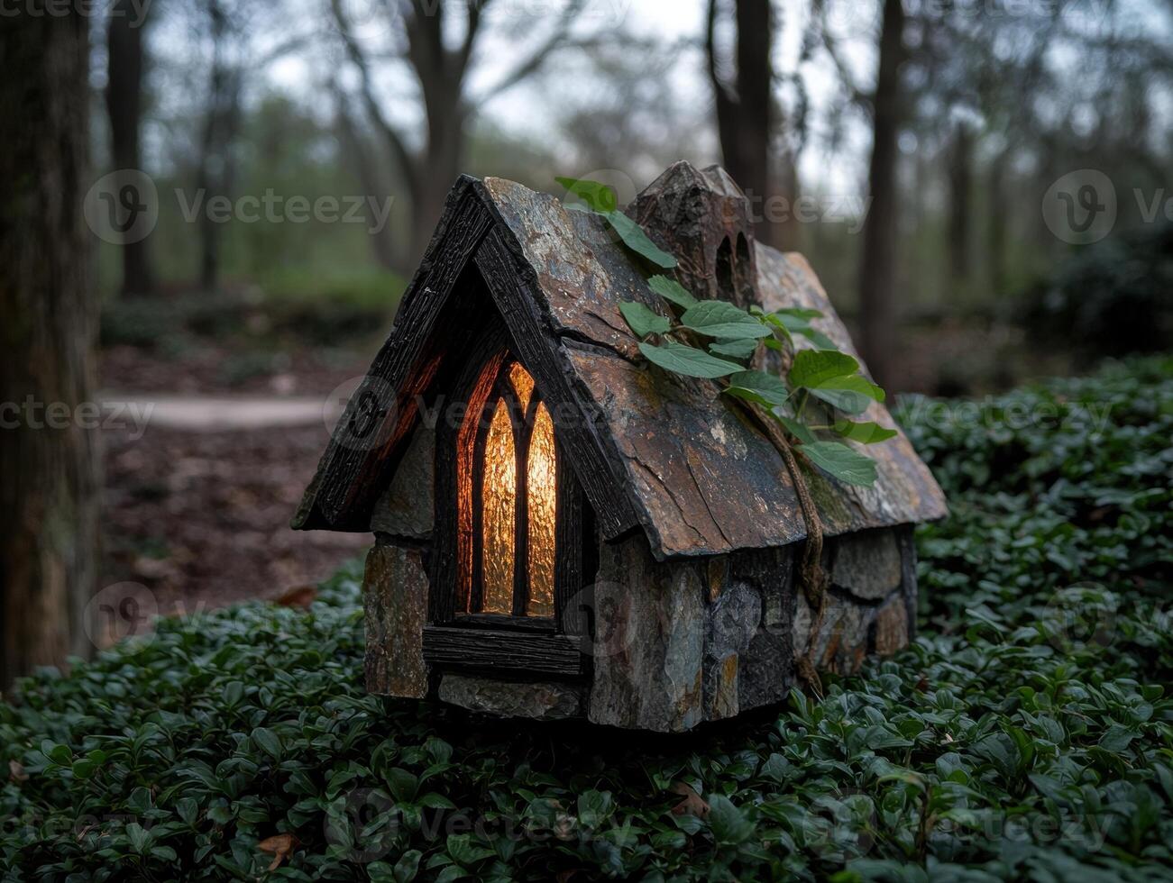 A miniature stone house sits nestled in lush greenery, illuminated from within photo