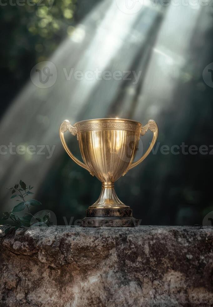 A golden trophy sits in the sunlight, symbolizing success and achievement photo