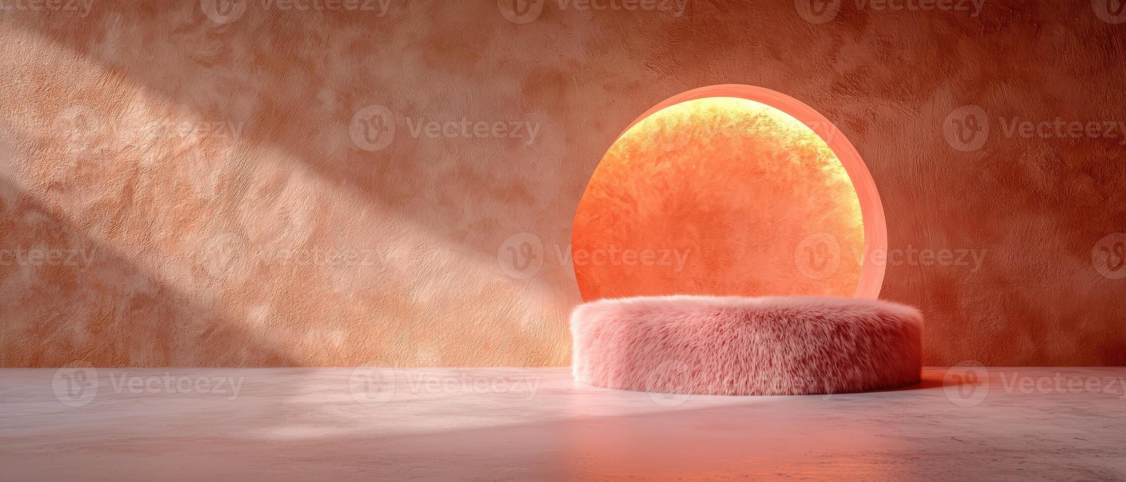 Abstract fluffy pink podium with glowing circle on textured background photo