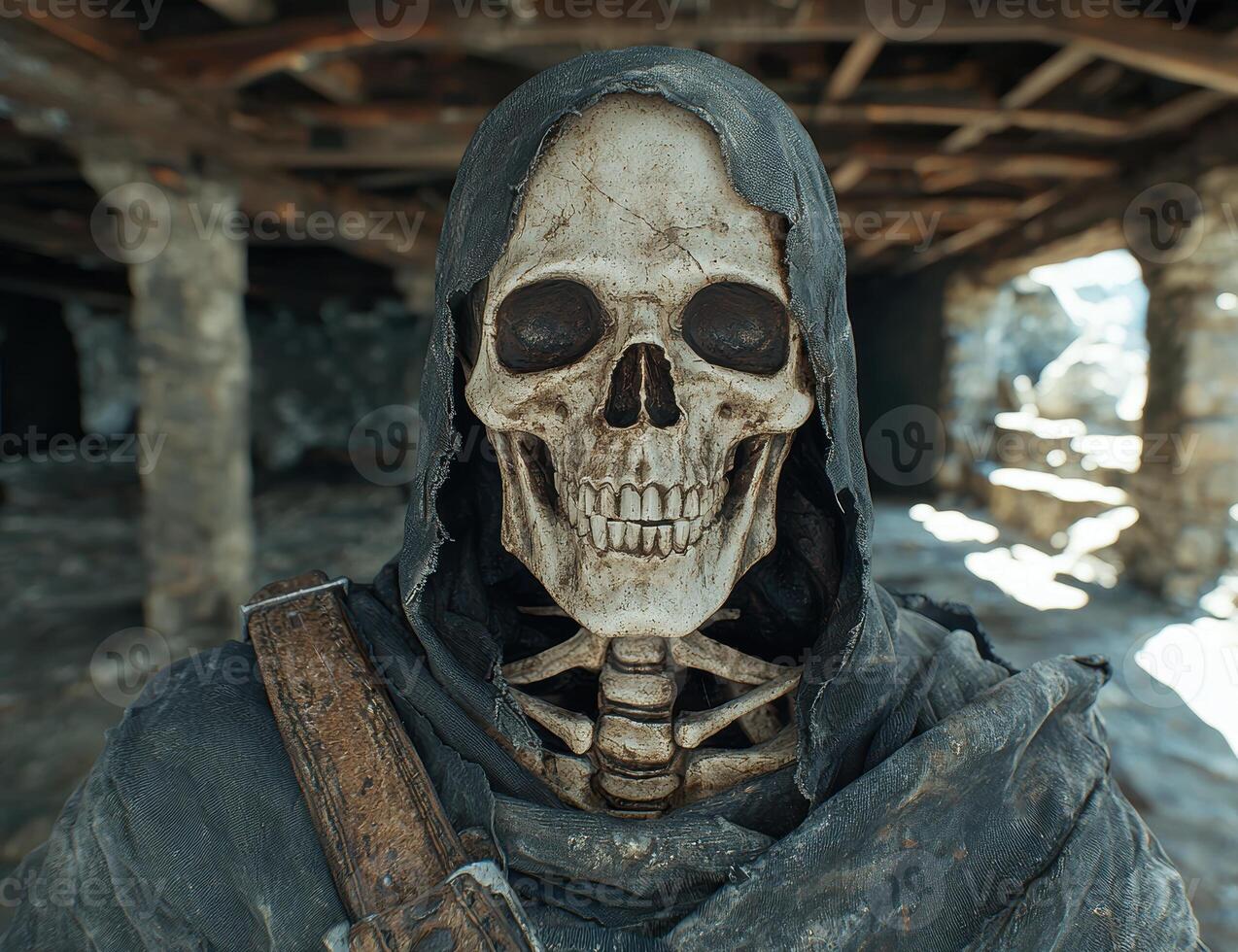 Grim reaper skeleton wearing a hood in a spooky setting photo