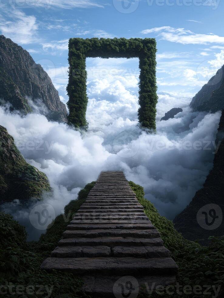 A stone staircase leads to a portal above the clouds in a mountain landscape photo